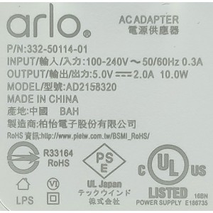 ADAPTADOR AC ARLO  BLANCO / NEGRO / NUMERO DE PARTE AD2158320 / 332-50114-01 /ENTRADA: 100-240V AC / SALIDA: 5.0V DC - 2.0A / 332-50116-01